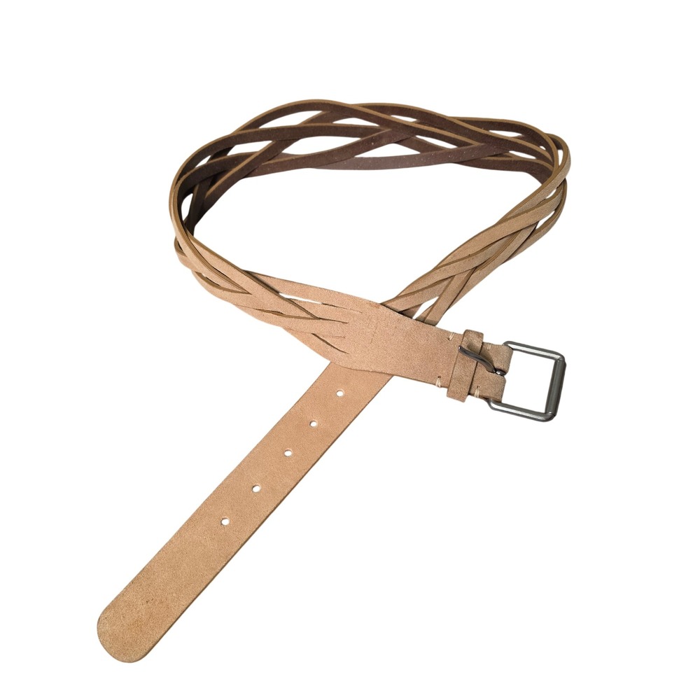 Old Navy Belt Womens M Tan Brown Braided Genuine Leather Square Buckle Casual